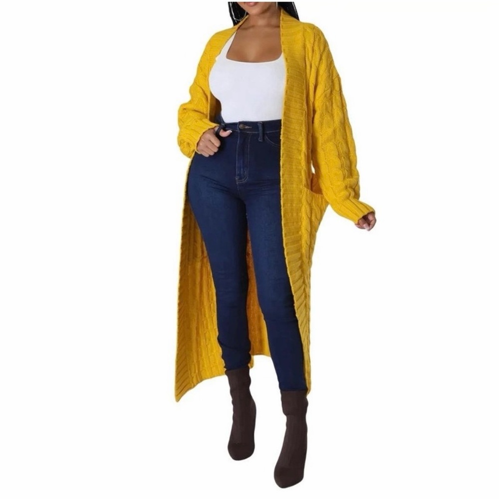 Winter Cable Knit Chunky Yellow Long Sweater Cardigan Coat Size Small